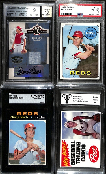 Lot of (4) Graded Cincinnati Reds Cards- 2005 Throwback Threads Johnny Bench Patch Autograph (BGS 9) (#/25), 1969 Topps Pete Rose (PSA 4), 1971 Topps Johnny Bench (SGC Authentic, Post Cereal Pete...