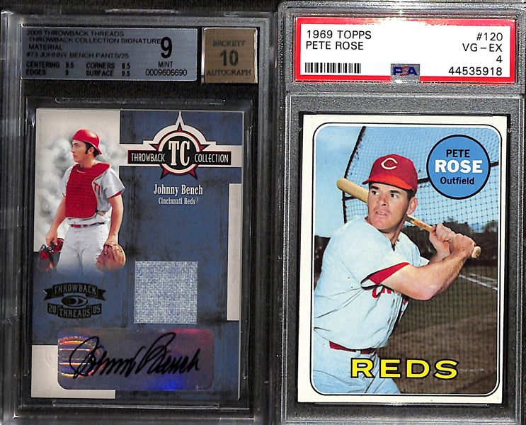 Lot of (4) Graded Cincinnati Reds Cards- 2005 Throwback Threads Johnny Bench Patch Autograph (BGS 9) (#/25), 1969 Topps Pete Rose (PSA 4), 1971 Topps Johnny Bench (SGC Authentic, Post Cereal Pete...