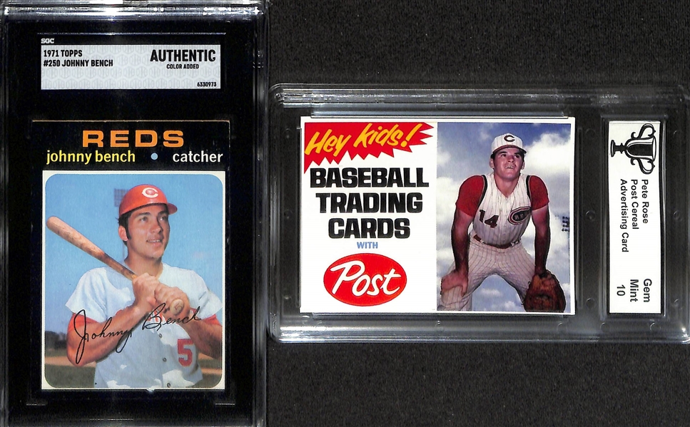 Lot of (4) Graded Cincinnati Reds Cards- 2005 Throwback Threads Johnny Bench Patch Autograph (BGS 9) (#/25), 1969 Topps Pete Rose (PSA 4), 1971 Topps Johnny Bench (SGC Authentic, Post Cereal Pete...