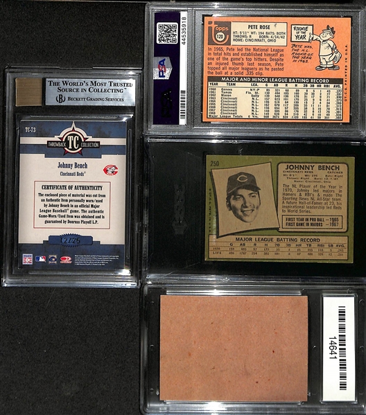 Lot of (4) Graded Cincinnati Reds Cards- 2005 Throwback Threads Johnny Bench Patch Autograph (BGS 9) (#/25), 1969 Topps Pete Rose (PSA 4), 1971 Topps Johnny Bench (SGC Authentic, Post Cereal Pete...
