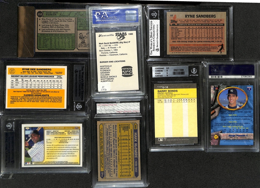 Lot of (12) Graded Baseball Rookie Cards inc. 1974 Topps Dave Parker (BGS RCR 8), 1986 Huntsville Stars Mark McGwire (PSA 9), 1983 Topps Ryne Sandberg (BGS 8), +