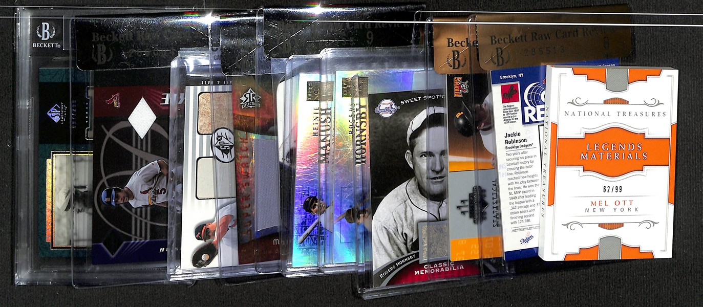 Lot of (11) Baseball Jersey Patch Cards inc. 2018 National Treasures Mel Ott (#/99), 2002 Donruss Original Jackie Robinson (BGS RCR 8) (#/25), 2003 Donruss Champions Roberto Clemente (BGS RCR 7.5)...