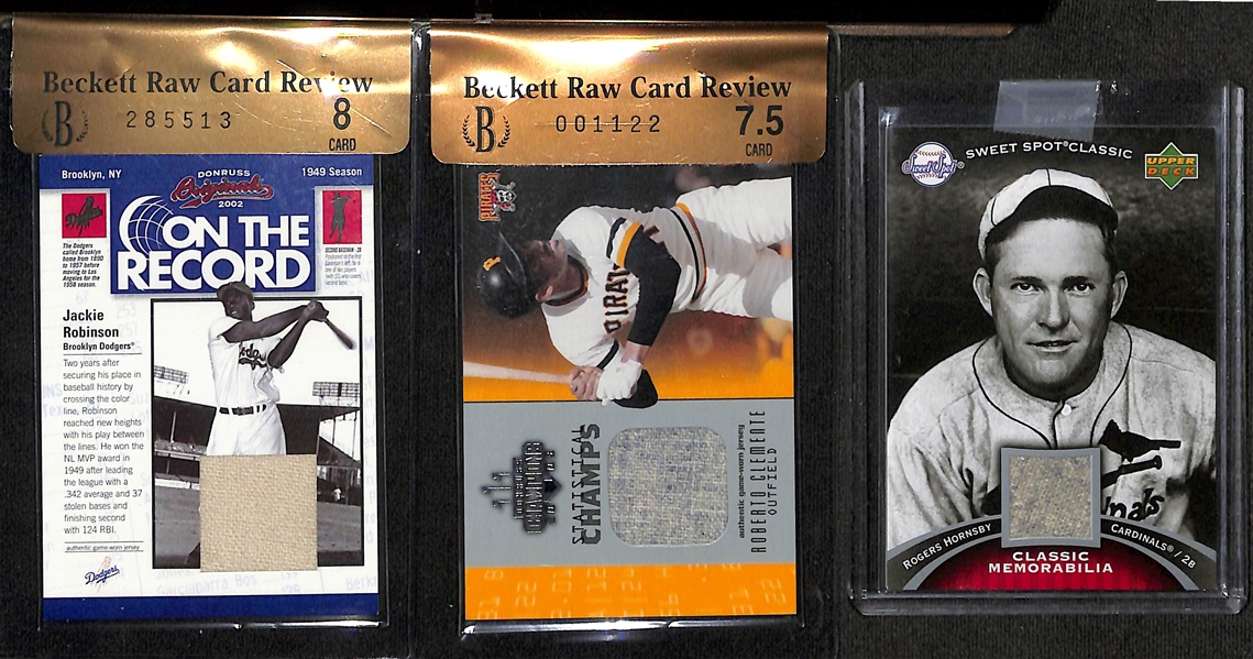 Lot of (11) Baseball Jersey Patch Cards inc. 2018 National Treasures Mel Ott (#/99), 2002 Donruss Original Jackie Robinson (BGS RCR 8) (#/25), 2003 Donruss Champions Roberto Clemente (BGS RCR 7.5)...