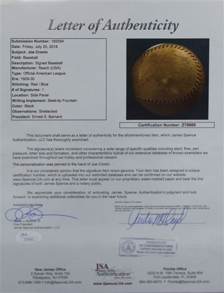 Joe Cronin Single-Signed Reach Official American League Baseball - Full JSA Letter of Authenticity