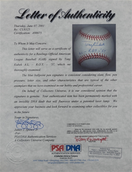 Tony Kubek Single-Signed & Inscribed Rawlings Official National League Baseball - Full PSA/DNA Letter of Authenticity