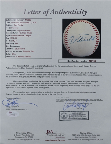 Carl Furillo Single-Signed Rawlings Official National League Baseball - Full JSA Letter of Authenticity
