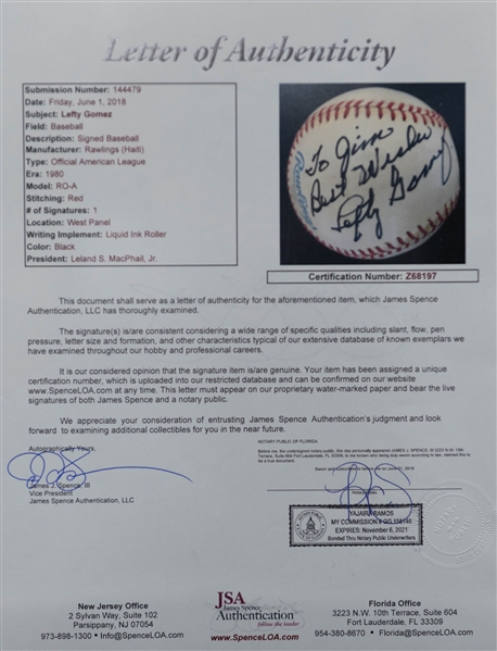 Lefty Gomez Single-Signed Rawlings Official American League Baseball - Full JSA Letter of Authenticity