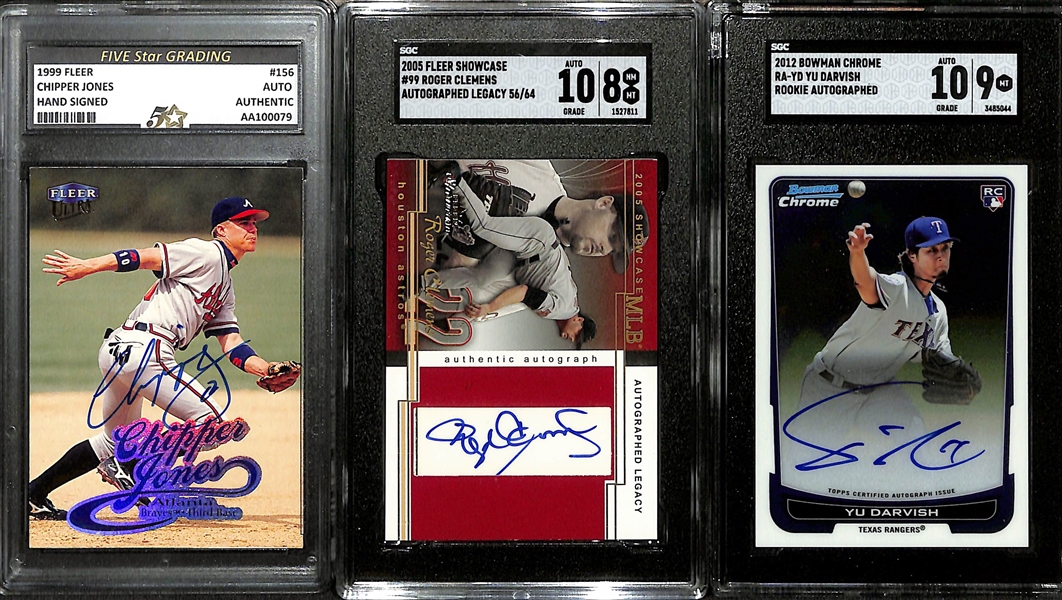 Lot of (11) Graded Baseball Autographs inc. 1999 Fleer Chipper Jones (FIVE STAR Authentic), 2005 Fleer Showcase Roger Clemens (BGS 8) (#/64), +