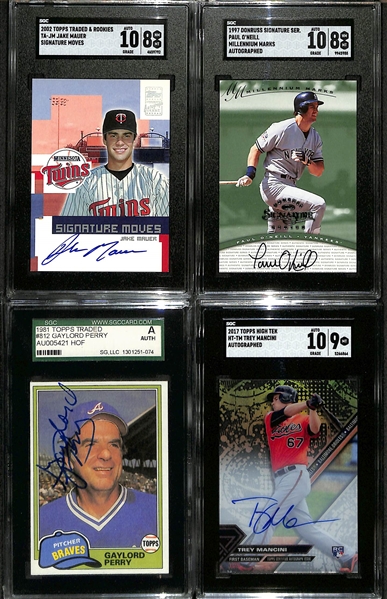 Lot of (11) Graded Baseball Autographs inc. 1999 Fleer Chipper Jones (FIVE STAR Authentic), 2005 Fleer Showcase Roger Clemens (BGS 8) (#/64), +