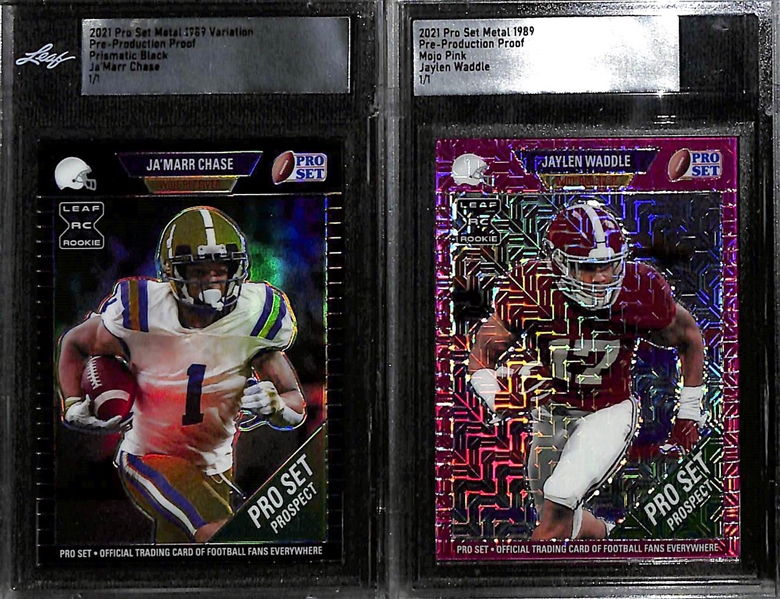 Lot of (12) Slabbed Football Rookie Cards inc. 2021 Pro Set Metal Ja'Marr Chase (#/1), 2021 Pro Set Metal Jaylen Waddle (#/1), 2001 Fleer Authority Michael Vick (BGS 9.5), +