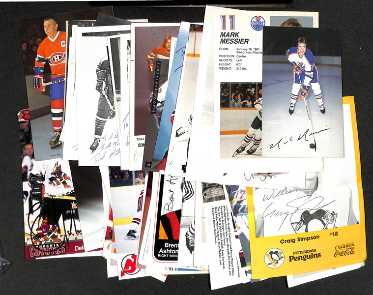 (100+) Signed Hockey Photos & Post Cards w. Mark Messier, Chris Chelios, Bryan Trottier, Jim Wiste, + (JSA Auction Letter)