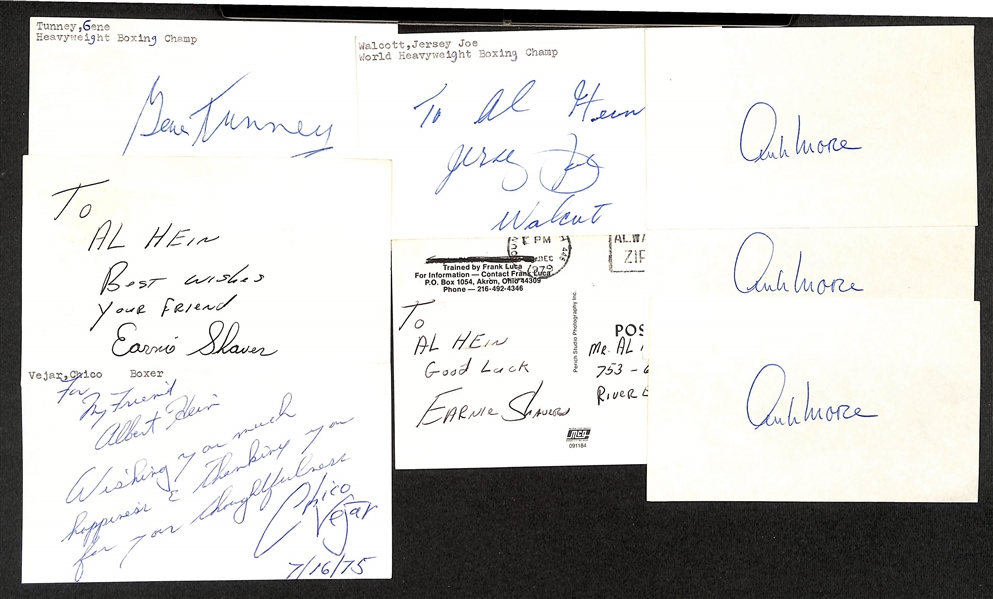(14+) Signed Boxing Index Cards & Photos w. Gene Tunney, Joe Walcott, Archie Moore, Ernie Shaver, + (JSA Auction Letter)