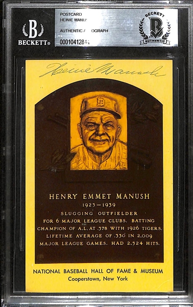 Heinie Manush (d. 1971) Signed Hall of Fame Plaque Postcard (Beckett Authenticated/Slabbed)