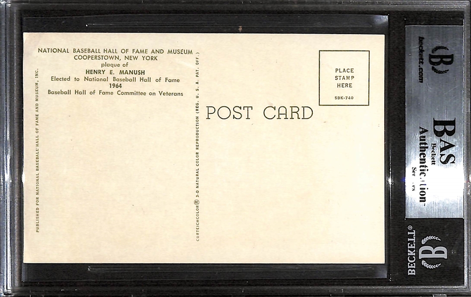 Heinie Manush (d. 1971) Signed Hall of Fame Plaque Postcard (Beckett Authenticated/Slabbed)