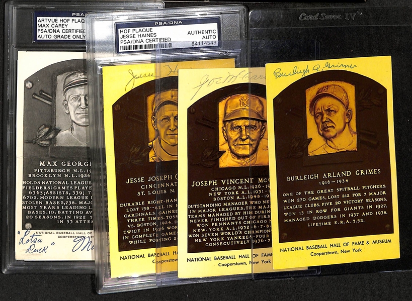 Lot of Signed HOF Plaque Postcards - Max Carey (PSA/DNA), Jesse Haines (PSA/DNA), Joe McCarthy (JSA COA), Burleigh Grimes (JSA Sticker)