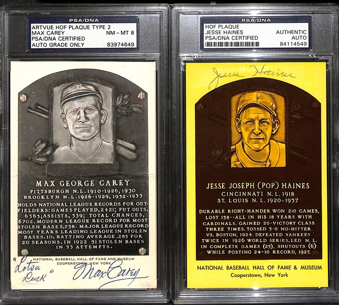 Lot of Signed HOF Plaque Postcards - Max Carey (PSA/DNA), Jesse Haines (PSA/DNA), Joe McCarthy (JSA COA), Burleigh Grimes (JSA Sticker)