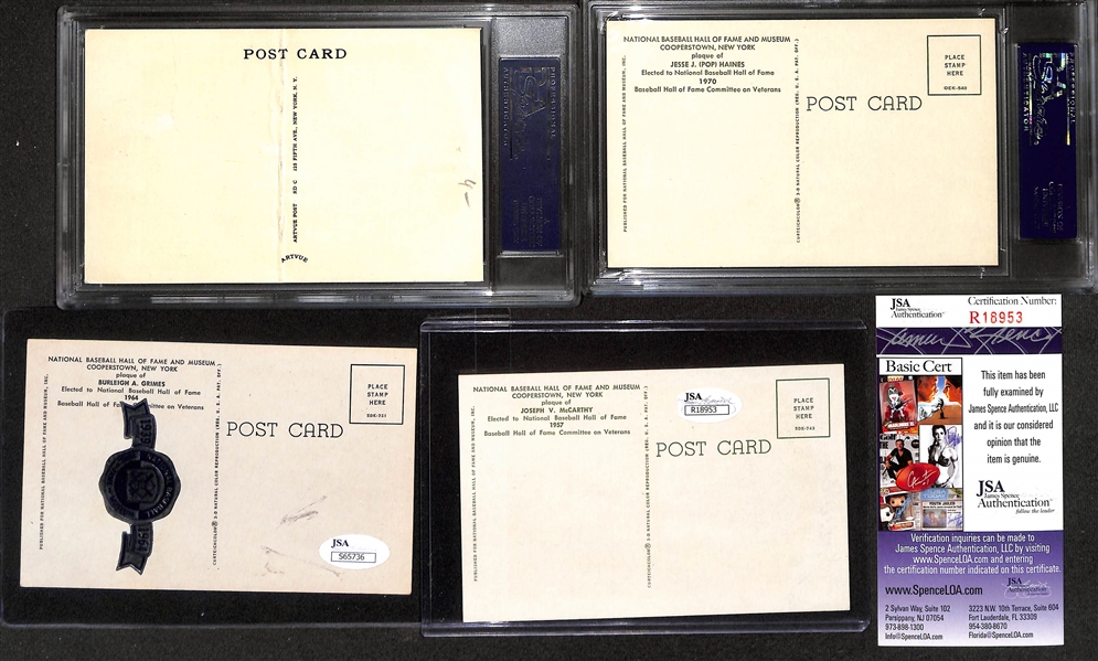 Lot of Signed HOF Plaque Postcards - Max Carey (PSA/DNA), Jesse Haines (PSA/DNA), Joe McCarthy (JSA COA), Burleigh Grimes (JSA Sticker)