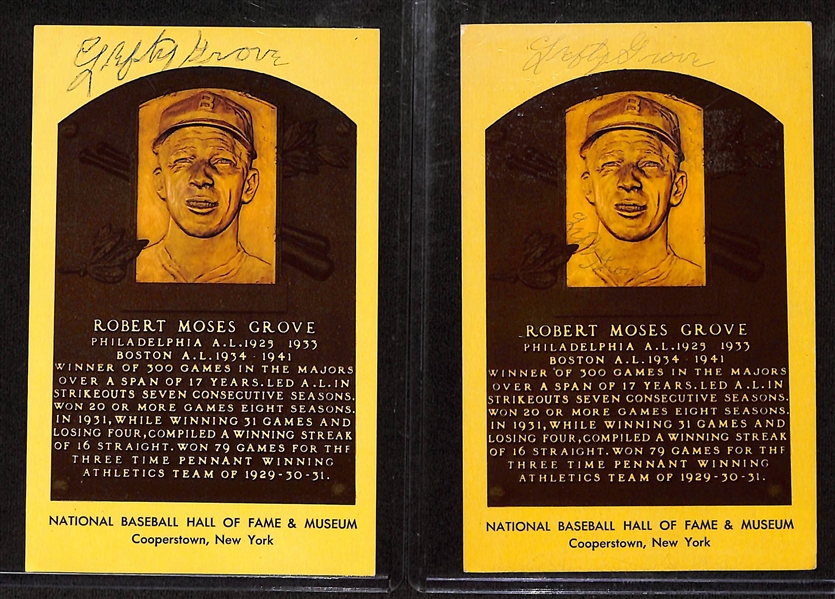 (2) Lefty Grove Signed Hall of Fame Plaque Postcards (One JSA COA, One PSA Sticker)