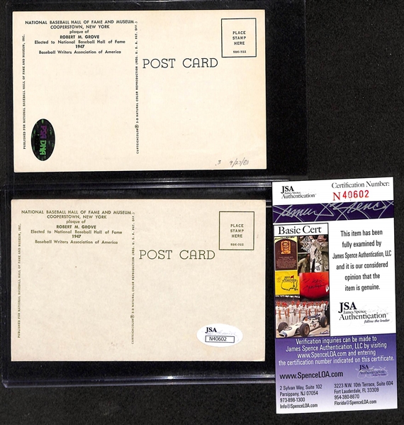 (2) Lefty Grove Signed Hall of Fame Plaque Postcards (One JSA COA, One PSA Sticker)