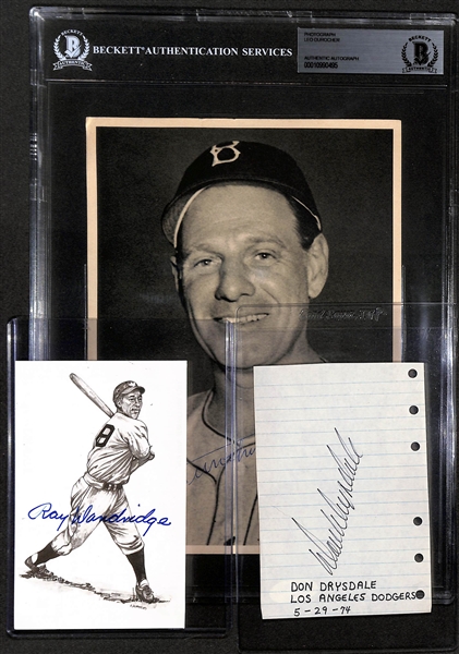 Baseball HOF Autographs w. 1948 Signed Leo Durocher Team Pack Photo (Beckett Slabbed), Ray Dandridge Signed Postcard (JSA COA), & Don Drysdale Sheet (PSA/DNA Sticker)