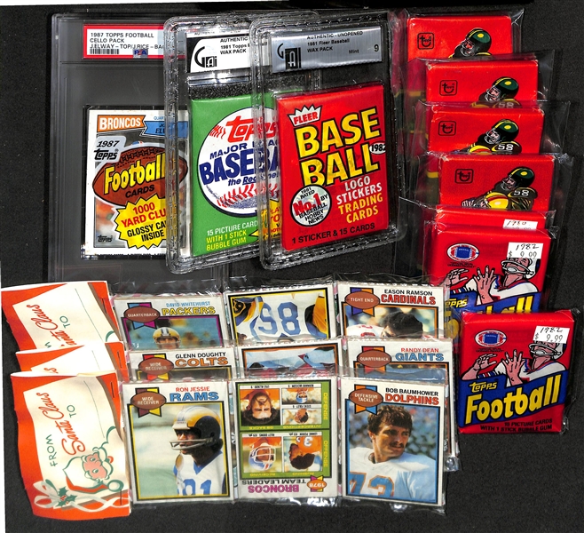 Sports Card Packs w. 1987 Topps Football Cello (Elway on Top, PSA 8), 1981 Fleer Baseball (GAI 9), 1981 Topps Baseball (GAI 9), (5) 1980 Topps Football, (2) 1982 Topps Football, (3) 1979 Topps...