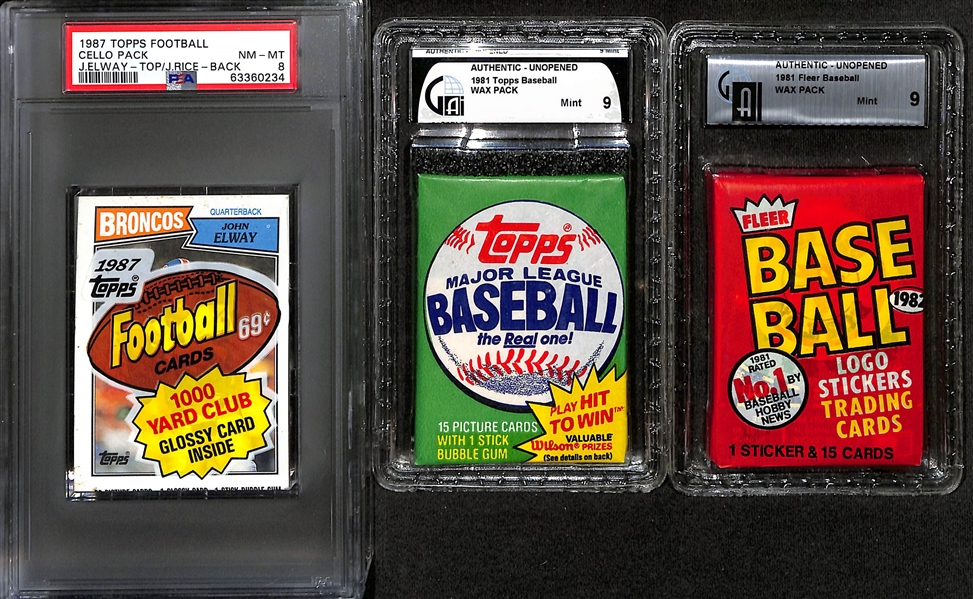 Sports Card Packs w. 1987 Topps Football Cello (Elway on Top, PSA 8), 1981 Fleer Baseball (GAI 9), 1981 Topps Baseball (GAI 9), (5) 1980 Topps Football, (2) 1982 Topps Football, (3) 1979 Topps...