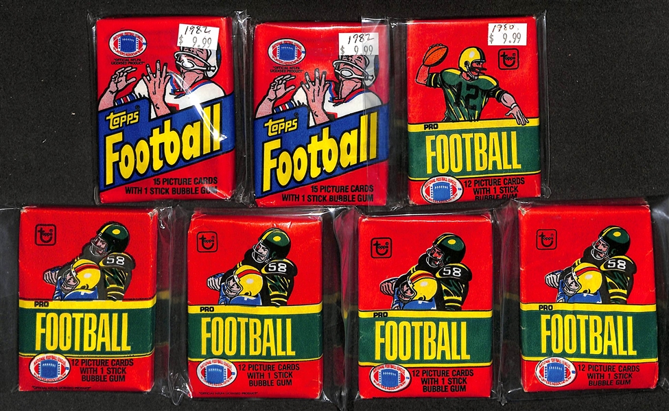 Sports Card Packs w. 1987 Topps Football Cello (Elway on Top, PSA 8), 1981 Fleer Baseball (GAI 9), 1981 Topps Baseball (GAI 9), (5) 1980 Topps Football, (2) 1982 Topps Football, (3) 1979 Topps...
