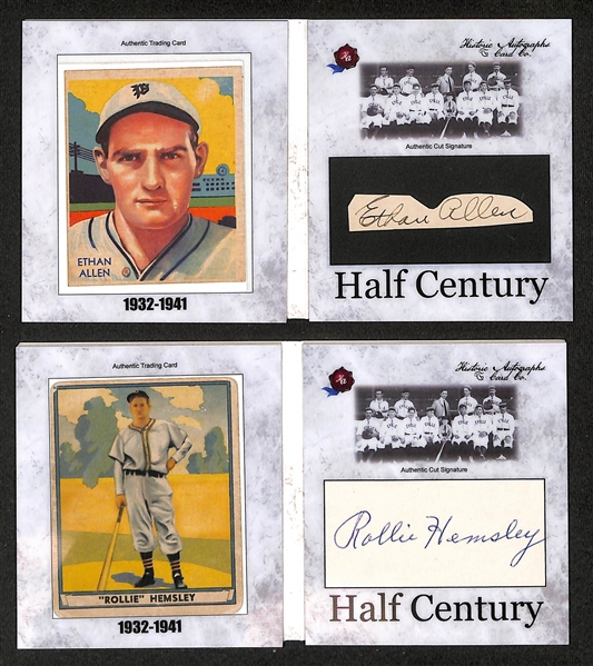 (2) Historic Autographs Booklet Cards w. Vintage Cards & Cut Signatures - Ethan Allen (w. 1936 Diamond Stars Card) & Rollie Hemsley (w. 1941 Play Ball Card) - Beckett BAS Stickers