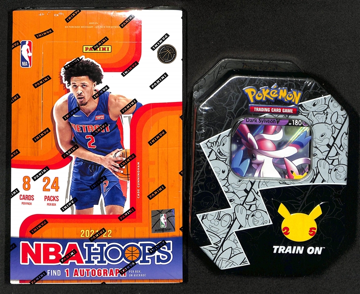 2021-22 NBA Hoops Factory Sealed Hobby Box w. 1 Autograph Card Per Box + Pokemon Celebration Dark Sylveon V International Tin