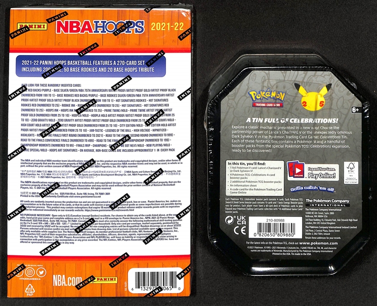 2021-22 NBA Hoops Factory Sealed Hobby Box w. 1 Autograph Card Per Box + Pokemon Celebration Dark Sylveon V International Tin