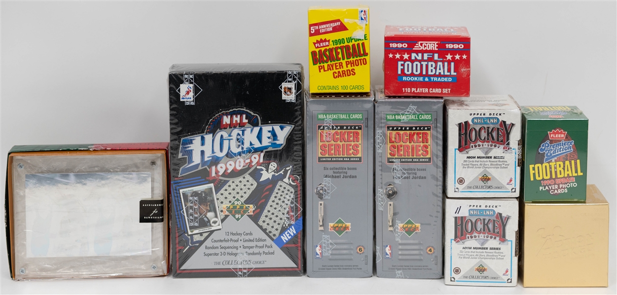 Lot of (10) Sets + Boxes- 1990 Score Football Set, (2) 1991-92 Upper Deck High Series Hockey Set, 1990 Action Packed Update Football Set, (2) 1991-92 Upper Deck Locker Series Basketball Box, +