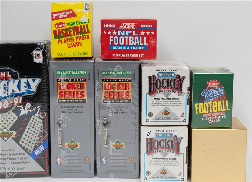 Lot of (10) Sets + Boxes- 1990 Score Football Set, (2) 1991-92 Upper Deck High Series Hockey Set, 1990 Action Packed Update Football Set, (2) 1991-92 Upper Deck Locker Series Basketball Box, +