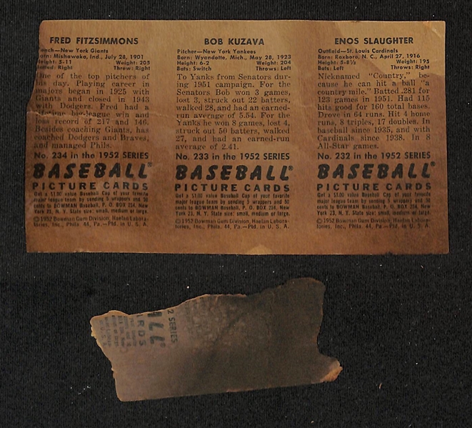 Lot of (2) 1952 Bowman Baseball Uncut Partial Panels w. Enos Slaughter