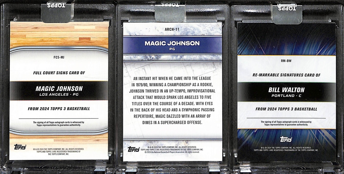 Lot of (3) 2024 Topps 3 Basketball Cards w. Hall of Famers (2) Magic Johnson & Bill Walton