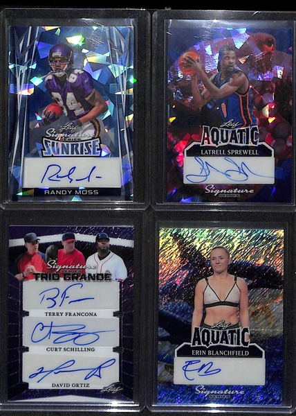 Lot of (4) Leaf Signature Series Multi Sport #1/1 Cards w. Randy Moss, Latrell Sprewell, Francona/Schilling/Ortiz, Erin Blanchfield