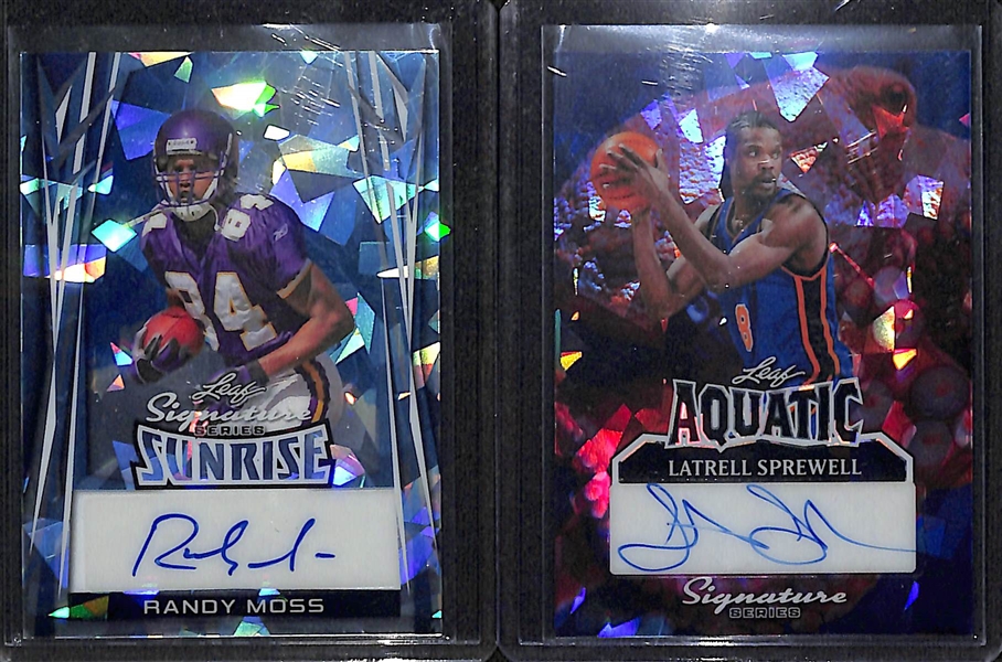 Lot of (4) Leaf Signature Series Multi Sport #1/1 Cards w. Randy Moss, Latrell Sprewell, Francona/Schilling/Ortiz, Erin Blanchfield