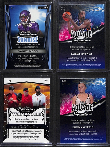 Lot of (4) Leaf Signature Series Multi Sport #1/1 Cards w. Randy Moss, Latrell Sprewell, Francona/Schilling/Ortiz, Erin Blanchfield