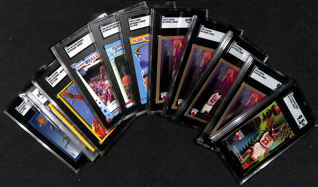 Lot of (11) Graded Michael Jordan Cards inc. 1997-98 Skybox Z-Force (SGC 9.5), (4) 1990-91 Skybox (2 SGC 9 + SGC 8 + SGC Authentic), 1990-91 Fleer All Star (SGC 8), 1988-89 Fleer Sticker (SGC 5), +