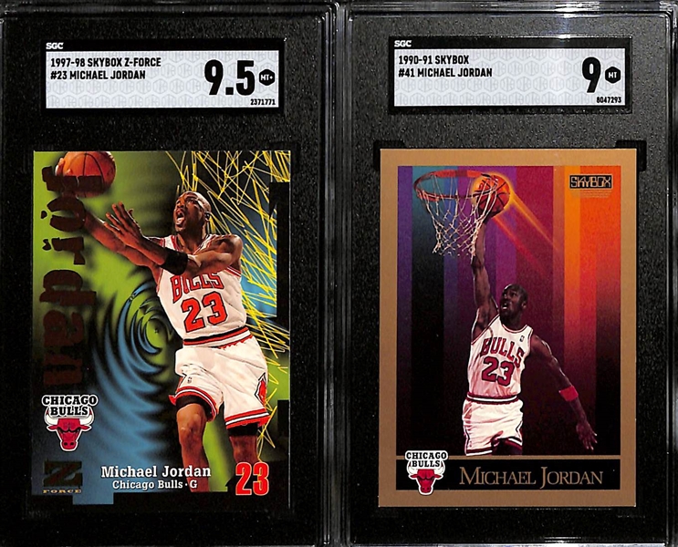 Lot of (11) Graded Michael Jordan Cards inc. 1997-98 Skybox Z-Force (SGC 9.5), (4) 1990-91 Skybox (2 SGC 9 + SGC 8 + SGC Authentic), 1990-91 Fleer All Star (SGC 8), 1988-89 Fleer Sticker (SGC 5), +