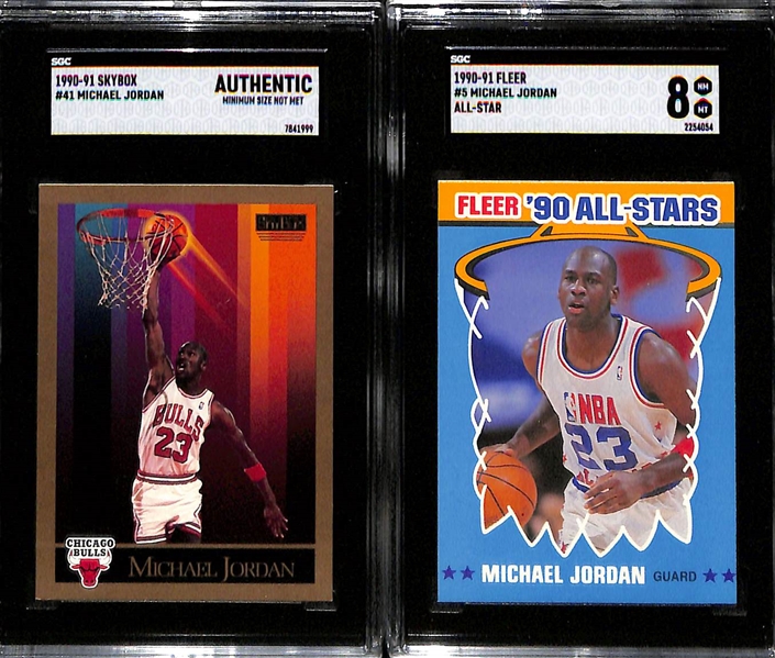 Lot of (11) Graded Michael Jordan Cards inc. 1997-98 Skybox Z-Force (SGC 9.5), (4) 1990-91 Skybox (2 SGC 9 + SGC 8 + SGC Authentic), 1990-91 Fleer All Star (SGC 8), 1988-89 Fleer Sticker (SGC 5), +
