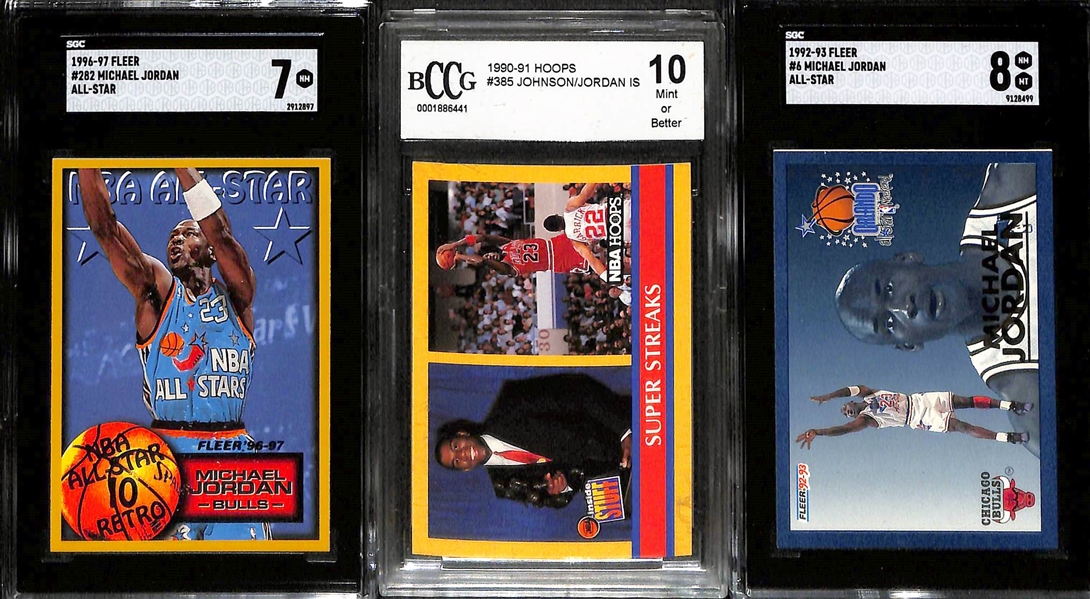 Lot of (11) Graded Michael Jordan Cards inc. 1997-98 Skybox Z-Force (SGC 9.5), (4) 1990-91 Skybox (2 SGC 9 + SGC 8 + SGC Authentic), 1990-91 Fleer All Star (SGC 8), 1988-89 Fleer Sticker (SGC 5), +