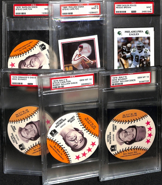 Lot of (6) PSA Graded Philadelphia Oversized Cards + Discos - 1988 Eagles Police Reggie Brown (PSA 9), 1985 Phillies Signa Steve Carlton (PSA 9), 1976 Discs- (2) Mike Schmidt (PSA 10), Steve...