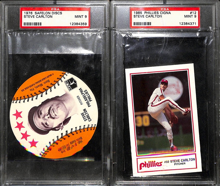 Lot of (6) PSA Graded Philadelphia Oversized Cards + Discos - 1988 Eagles Police Reggie Brown (PSA 9), 1985 Phillies Signa Steve Carlton (PSA 9), 1976 Discs- (2) Mike Schmidt (PSA 10), Steve...