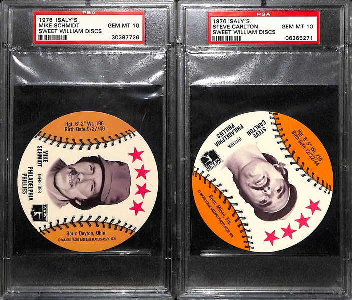 Lot of (6) PSA Graded Philadelphia Oversized Cards + Discos - 1988 Eagles Police Reggie Brown (PSA 9), 1985 Phillies Signa Steve Carlton (PSA 9), 1976 Discs- (2) Mike Schmidt (PSA 10), Steve...