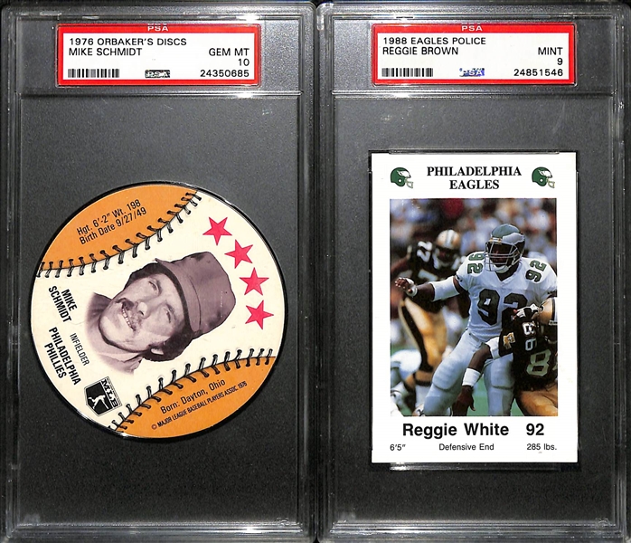 Lot of (6) PSA Graded Philadelphia Oversized Cards + Discos - 1988 Eagles Police Reggie Brown (PSA 9), 1985 Phillies Signa Steve Carlton (PSA 9), 1976 Discs- (2) Mike Schmidt (PSA 10), Steve...