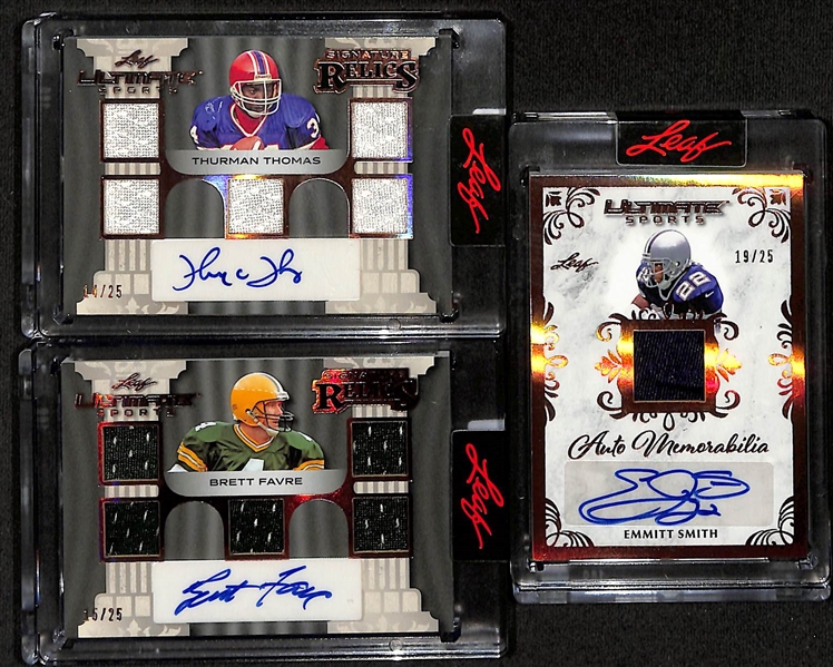 (3) 2024 Leaf Ultimate Sports Patch Auto Football Cards w. HOFers Thurman Thomas, Brett Favre, & Emmitt Smith