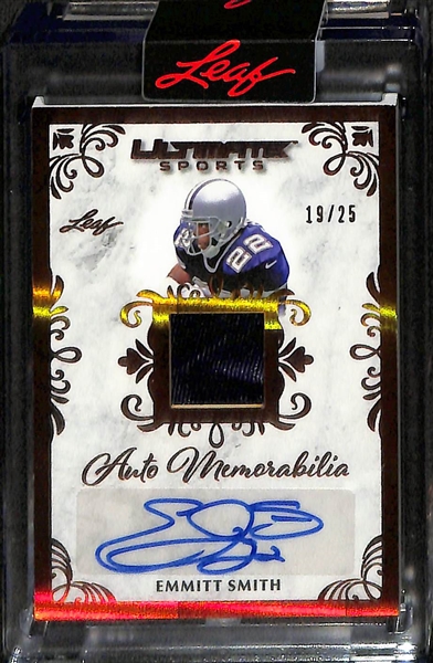 (3) 2024 Leaf Ultimate Sports Patch Auto Football Cards w. HOFers Thurman Thomas, Brett Favre, & Emmitt Smith