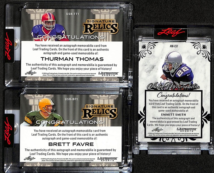 (3) 2024 Leaf Ultimate Sports Patch Auto Football Cards w. HOFers Thurman Thomas, Brett Favre, & Emmitt Smith