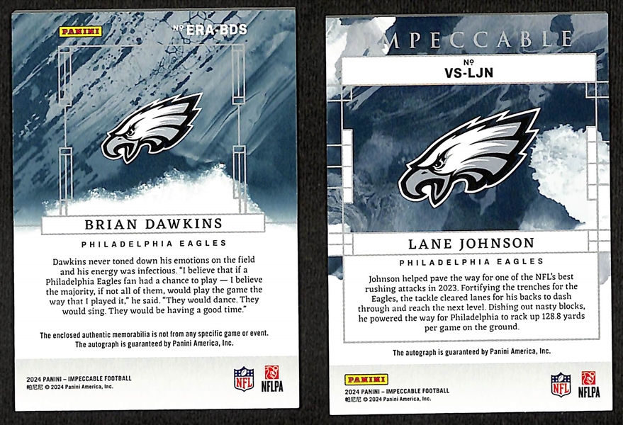 2024 Impeccable Brian Dawkins Patch Auto #/35 & 2024 Impeccable Lane Johnson Auto #/49