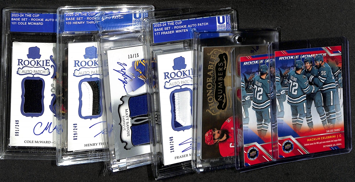 Lot of (5) 2023/24 The Cup Hockey Cards w. Henrik Zetterberg plus (2) 2025 Macklin Celebrini RC